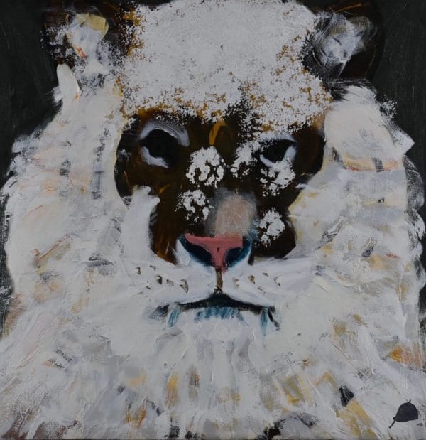 A white tiger is dusted with snow. Mountain. Neutral tones, white, cream, brown. Large Painting by artist Donald Ryker in textured expressionist impressionist art style with unique impasto glaze technique.
