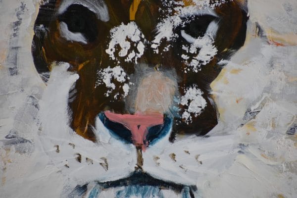 Close-up of A white tiger is dusted with snow. Mountain. Neutral tones, white, cream, brown. Large Painting by artist Donald Ryker in textured expressionist impressionist art style with unique impasto glaze technique.