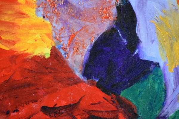 Close-up of A red and purple tropical parrot looking back over his shoulder with sun highlights and teal background. Jungle. Tropical. Red, Purple, Yellow, Teal. Large Painting by artist Donald Ryker in textured expressionist impressionist art style with unique impasto glaze technique.