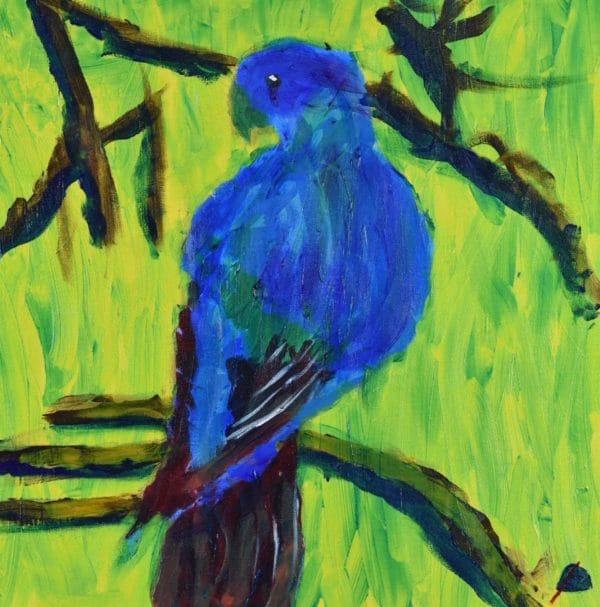 Colorful tropical bird turns his head as he perches in shadows on branch with sunlit yellow-green background. Blue, red, yellow, green. Jungle. Tropical. Large Painting by artist Donald Ryker in textured expressionist impressionist art style with unique impasto glaze technique.