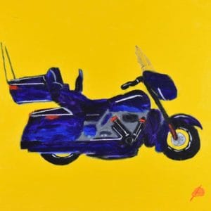 Blue Full Dress Harley Davidson motorcycle on a yellow background. Large Painting by artist Donald Ryker in textured expressionist impressionist art style with unique impasto glaze technique.