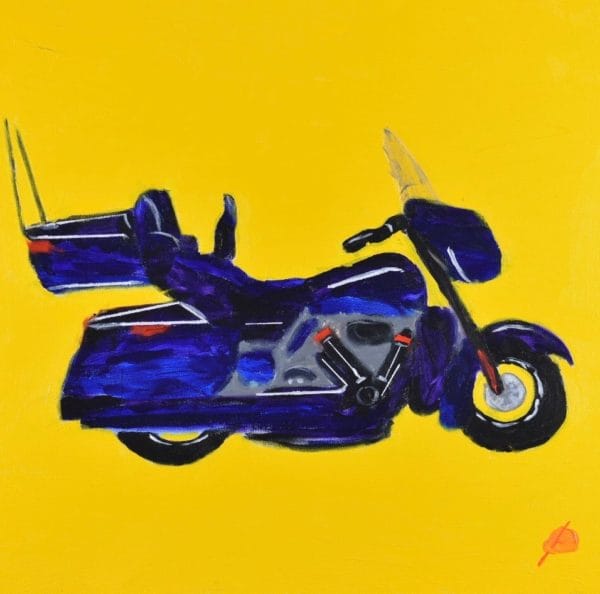 Blue Full Dress Harley Davidson motorcycle on a yellow background. Large Painting by artist Donald Ryker in textured expressionist impressionist art style with unique impasto glaze technique.