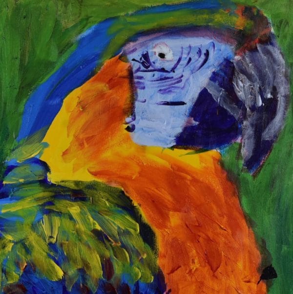 A profile view of a colorful joyful blue orange and yellow parrot with a green background. Jungle. Tropical. Large Painting by artist Donald Ryker in textured expressionist impressionist art style with unique impasto glaze technique.
