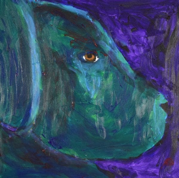 A profile of a young black lab puppy looking seriously disgruntled. Purple, Blue, Teal. Large Painting by artist Donald Ryker in textured expressionist impressionist art style with unique impasto glaze technique.