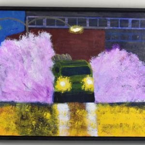 Military vehicle loaded with munitions drives through a city spraying up sheets of water on both sides as the headlights reflect off the wet pavement. Urban. Purple, Gold, Green. Large Painting by artist Donald Ryker in textured expressionist impressionist art style with unique impasto glaze technique.