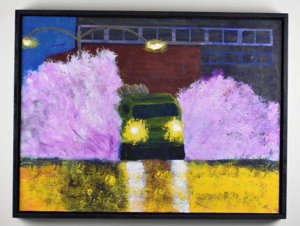 Military vehicle loaded with munitions drives through a city spraying up sheets of water on both sides as the headlights reflect off the wet pavement. Urban. Purple, Gold, Green. Large Painting by artist Donald Ryker in textured expressionist impressionist art style with unique impasto glaze technique.