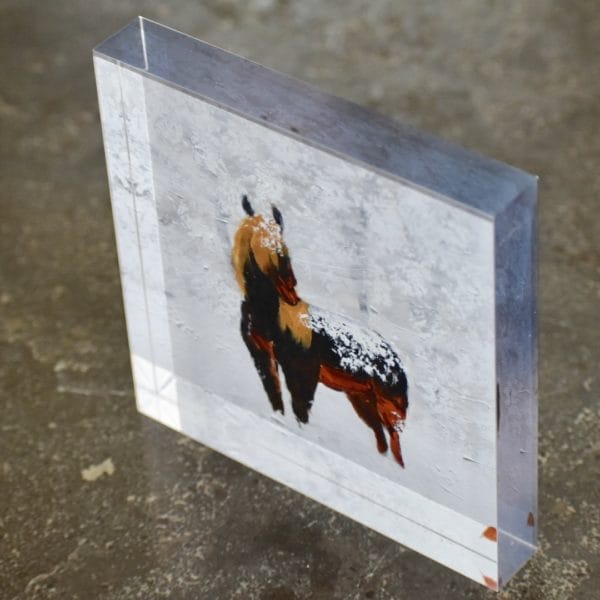 Standing in Snow Fine Art Acrylic Block: A lone horse dusted with drifting snow stands in a field with the silent forest behind. Umber and white. Large painting by artist Donald Ryker in expressionist impressionist style with unique impasto glaze technique.