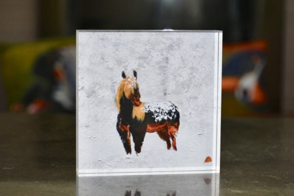 Standing in Snow Fine Art Acrylic Block: A lone horse dusted with drifting snow stands in a field with the silent forest behind. Umber and white. Large painting by artist Donald Ryker in expressionist impressionist style with unique impasto glaze technique.