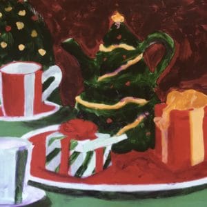 A tea set vignette of the Christmas holidays with packages, Christmas tea pot, and candy cane cups. Red, Green, Gold. Large Painting by artist Donald Ryker in textured expressionist impressionist art style with unique impasto glaze technique.
