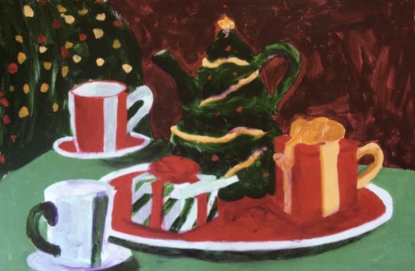 A tea set vignette of the Christmas holidays with packages, Christmas tea pot, and candy cane cups. Red, Green, Gold. Large Painting by artist Donald Ryker in textured expressionist impressionist art style with unique impasto glaze technique.