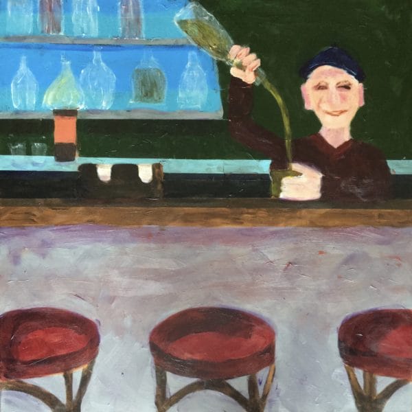 A humorous self portrait picturing the artist pouring drinks behind a bar. Red, green, blue, lavender. Large Painting by artist Donald Ryker in textured expressionist impressionist art style with unique impasto glaze technique.