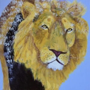 A somber lion with light and dark main prowls through the falling snow. Mountain. Yellow, Purple, Blue. Large Painting by artist Donald Ryker in textured expressionist impressionist art style with unique impasto glaze technique.