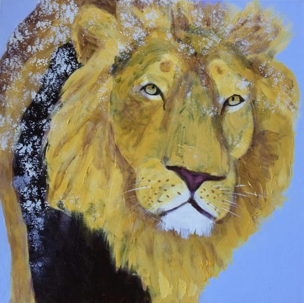A somber lion with light and dark main prowls through the falling snow. Mountain. Yellow, Purple, Blue. Large Painting by artist Donald Ryker in textured expressionist impressionist art style with unique impasto glaze technique.