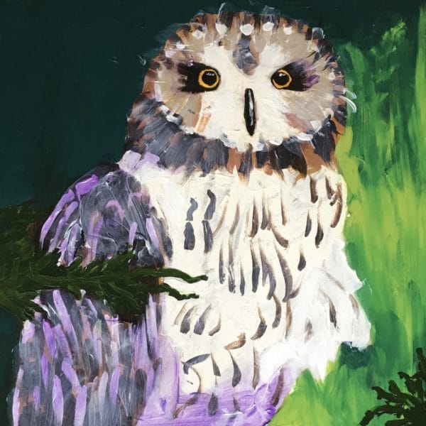 An owl nestled in evergreen branches looks with a startled gaze. Green, White, Purple. Large Painting by artist Donald Ryker in textured expressionist impressionist art style with unique impasto glaze technique.