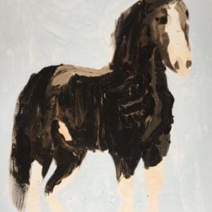 A tall clydesdale horse in brown tones stands against a gray-blue background. Large Painting by artist Donald Ryker in textured expressionist impressionist art style with unique impasto glaze technique.