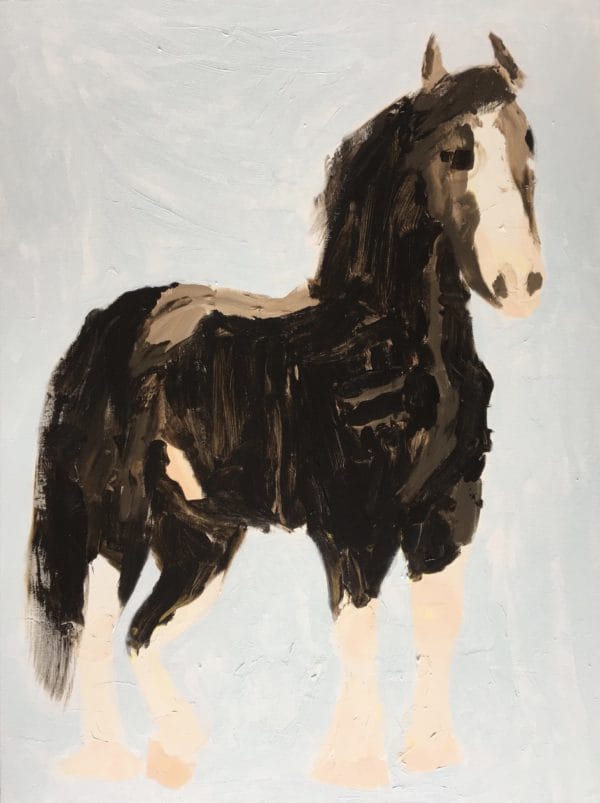 A tall clydesdale horse in brown tones stands against a gray-blue background. Large Painting by artist Donald Ryker in textured expressionist impressionist art style with unique impasto glaze technique.