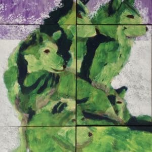 A group of wolves painted in tints of green are resting on the snow. All gaze in the same direction as snow falls around them. 6 Panels XLarge Painting by artist Donald Ryker in textured expressionist impressionist art style with unique impasto glaze technique.