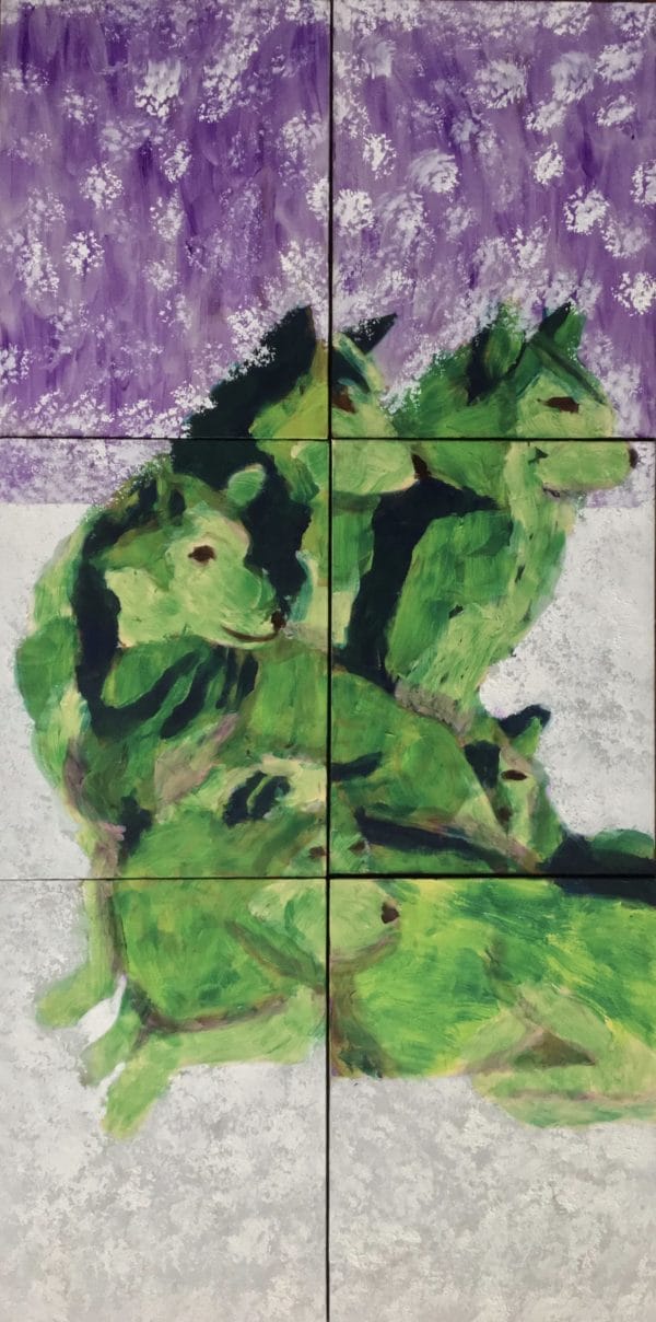 A group of wolves painted in tints of green are resting on the snow. All gaze in the same direction as snow falls around them. 6 Panels XLarge Painting by artist Donald Ryker in textured expressionist impressionist art style with unique impasto glaze technique.