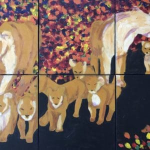 Two mothers and their seven cubs walk down a path surrounded by autumn leaves. Mountain. Ochre, Black, orange, red, yellow. Large Painting by artist Donald Ryker in textured expressionist impressionist art style with unique impasto glaze technique.