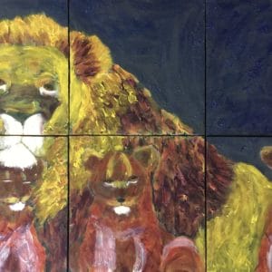 A father and 3 cubs rest together in the shadows. 6 Panels. Mountain. Yellow, Blue, Browns, White. An X-Large Painting by artist Donald Ryker in textured expressionist impressionist art style with unique impasto glaze technique.