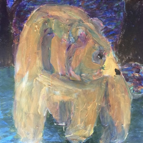 A massive bear emerges from the forest and looks downstream as he wades across the river. Mountain Forest. Teal, Purple, Golden brown. Large Painting by artist Donald Ryker in textured expressionist impressionist art style with unique impasto glaze technique.
