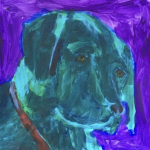 A black lab sunlit form the back, in shades of blue, gazes with a waiting look. Blue, Purple. Large Painting by artist Donald Ryker in textured expressionist impressionist art style with unique impasto glaze technique.