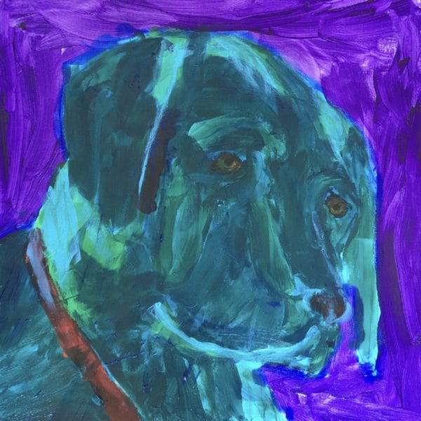 A black lab sunlit form the back, in shades of blue, gazes with a waiting look. Blue, Purple. Large Painting by artist Donald Ryker in textured expressionist impressionist art style with unique impasto glaze technique.