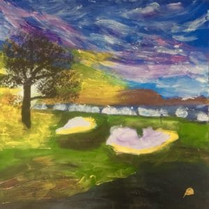 The golden sunset lights Pebble Beach Golf Course at the 17th hole with a tree silhouetted in the suns rays, and the ocean and coastline in the background. Blue, lavender, green, yellow, purple. Large Painting by artist Donald Ryker in textured expressionist impressionist art style with unique impasto glaze technique.