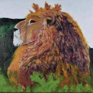 A lion sitting in profile looking into the distance, with green mountains and blue sky in the background. Jungle. Rainbow stained-glass colors. Large Painting by artist Donald Ryker in textured expressionist impressionist art style with unique impasto glaze technique.