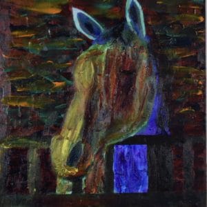 A horse waits in his stall as a beam of sunlight starts the day. Western. Rainbow of stained-glass colors. Large Painting by artist Donald Ryker in textured expressionist impressionist art style with unique impasto glaze technique.