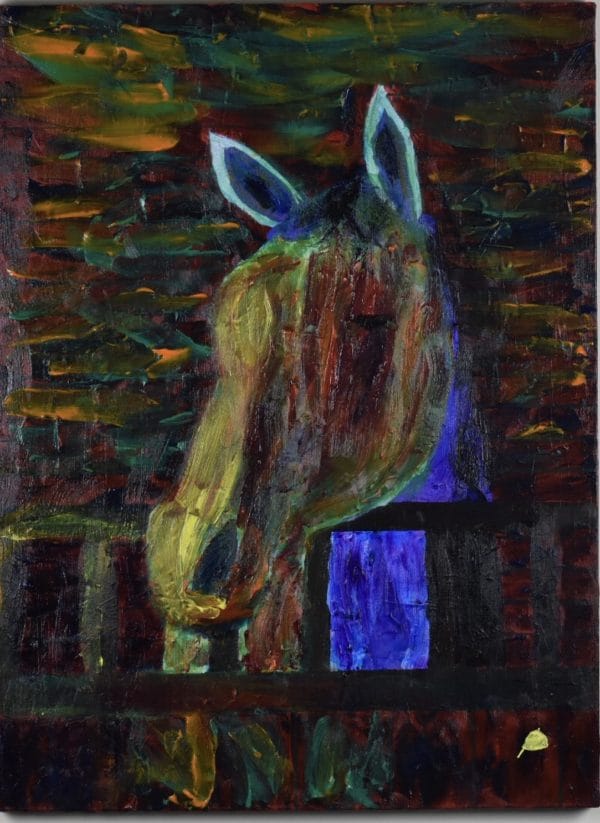 A horse waits in his stall as a beam of sunlight starts the day. Western. Rainbow of stained-glass colors. Large Painting by artist Donald Ryker in textured expressionist impressionist art style with unique impasto glaze technique.