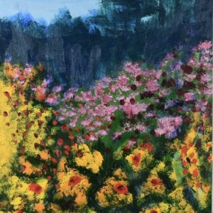 A valley full of golden and fuchsia flowers with a background of forested mountains and blue skies. Yellow, red, pink, hunter green, blue. Large Painting by artist Donald Ryker in textured expressionist impressionist art style with unique impasto glaze technique.