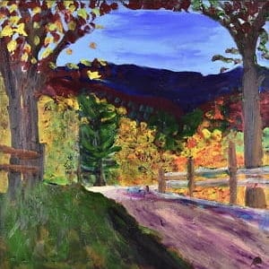 A mountain road bends through fall foliage with mountains and sky in the background. Mountain. Red, yellow, blue, green, purple. Large Painting by artist Donald Ryker in textured expressionist impressionist art style with unique impasto glaze technique.
