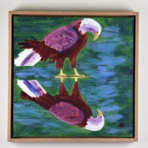 Framed view of A red-toned bald eagle stands looking at his own reflection in the shallow waters. Mountain. Red, Green, Blue, White. Large Painting by artist Donald Ryker in textured expressionist impressionist art style with unique impasto glaze technique.