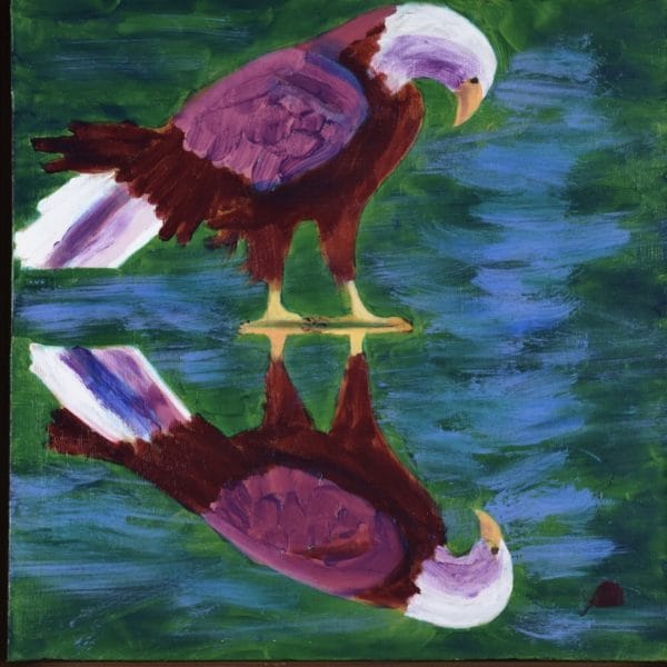 A red-toned bald eagle stands looking at his own reflection in the shallow waters. Mountain. Red, Green, Blue, White. Large Painting by artist Donald Ryker in textured expressionist impressionist art style with unique impasto glaze technique.