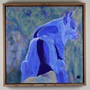 Framed View of A bobcat in shades of blue looks over a mountain canyon. Mountain. Blue, teal. Large Painting by artist Donald Ryker in textured expressionist impressionist art style with unique impasto glaze technique.