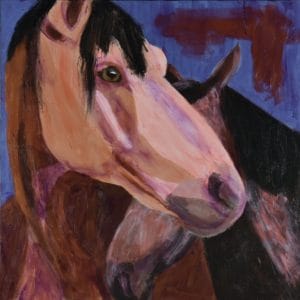 A horse bending it's head around a smaller horse who is standing close. Shades of brown with a blue background. Western. Orange, Purple, Brown, Black. Large Painting by artist Donald Ryker in textured expressionist impressionist art style with unique impasto glaze technique.