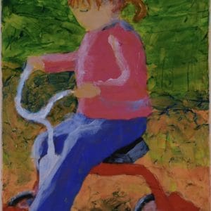 A small child dressed in pink and blue pedals a red tricycle down a pathway. Pink, Blue, Green, Orange. Large Painting by artist Donald Ryker in textured expressionist impressionist art style with unique impasto glaze technique.
