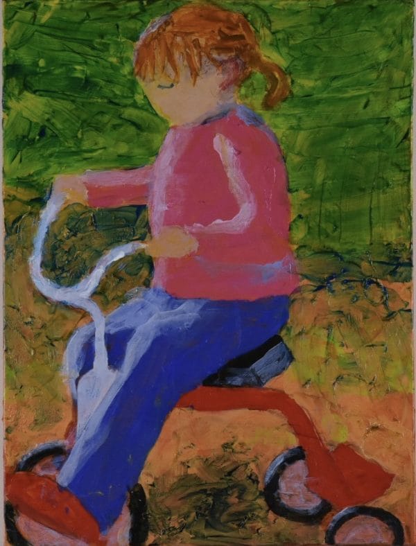 A small child dressed in pink and blue pedals a red tricycle down a pathway. Pink, Blue, Green, Orange. Large Painting by artist Donald Ryker in textured expressionist impressionist art style with unique impasto glaze technique.