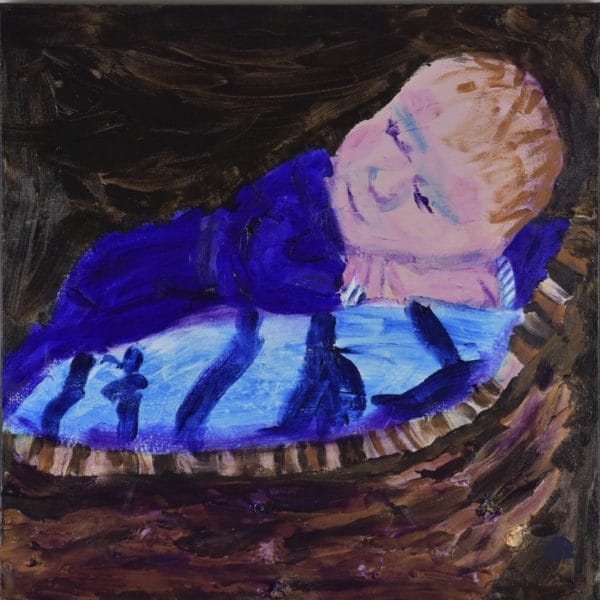 A newborn baby rests on a blue blanket in a rustic brown wicker basket with a dark brown background. Brown, Purple, Blue, beige. Large Painting by artist Donald Ryker in textured expressionist impressionist art style with unique impasto glaze technique.