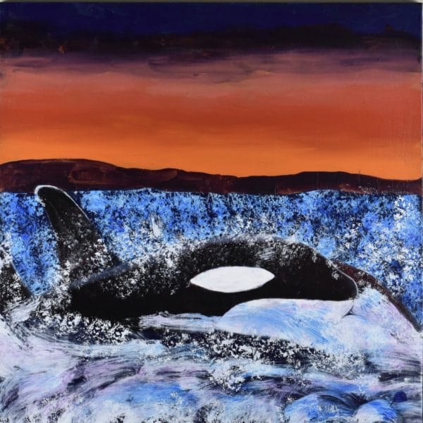 Two orca whales swim side by side through the foaming ocean with the sun setting in the background. Ocean. Orange, Purple, Blue, White, Black. Large Painting by artist Donald Ryker in textured expressionist impressionist art style with unique impasto glaze technique.