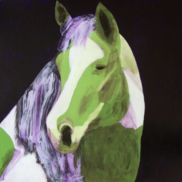 A stately horse looks back over his shoulder. Painted in green, white, and purple. Large Painting by artist Donald Ryker in textured expressionist impressionist art style with unique impasto glaze technique.