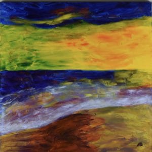 A Glowing gold shoreline and sunset with deep blue ocean and sky. Yellow, Blue. Large Painting by artist Donald Ryker in textured expressionist impressionist art style with unique impasto glaze technique.