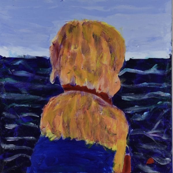 A golden service dog is seen from behind looking out over the ocean. Orange, blue, purple, red. Large Painting by artist Donald Ryker in textured expressionist impressionist art style with unique impasto glaze technique.