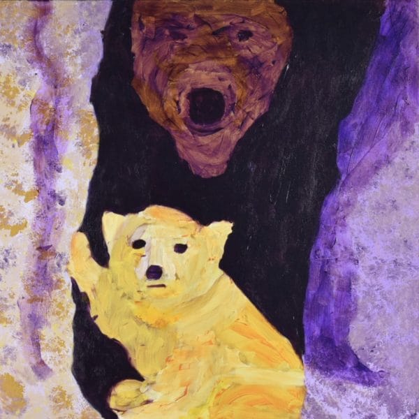 A golden bear sits in the sun outside a cave with his mother in the shadows watching protectively. Mountain. Yellow, purple. Large Painting by artist Donald Ryker in textured expressionist impressionist art style with unique impasto glaze technique.
