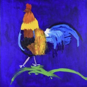 A brightly colored rooster steps on abstract green grass with a vibrant blue background. Blue, Yellow, Red, Orange. Large Painting by artist Donald Ryker in textured expressionist impressionist art style with unique impasto glaze technique.