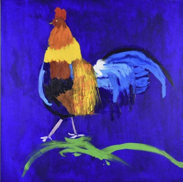 A brightly colored rooster steps on abstract green grass with a vibrant blue background. Blue, Yellow, Red, Orange. Large Painting by artist Donald Ryker in textured expressionist impressionist art style with unique impasto glaze technique.