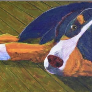 A Bernese Mountain Dog, painted in Navy, Orange, and white, glances up from where he rests on an olive green deck. Large Painting by artist Donald Ryker in textured expressionist impressionist art style with unique impasto glaze technique.