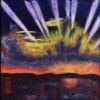 A rising sun creates streaks of sunlight through purple clouds and sky as the rising sun reflects across the water. Purple, Orange, Yellow, White. Large Painting by artist Donald Ryker in textured expressionist impressionist art style with unique impasto glaze technique.