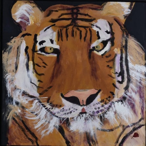 A golden and black striped tiger gazes alertly as he lies resting. Brown, Black, White. Large Painting by artist Donald Ryker in textured expressionist impressionist art style with unique impasto glaze technique.